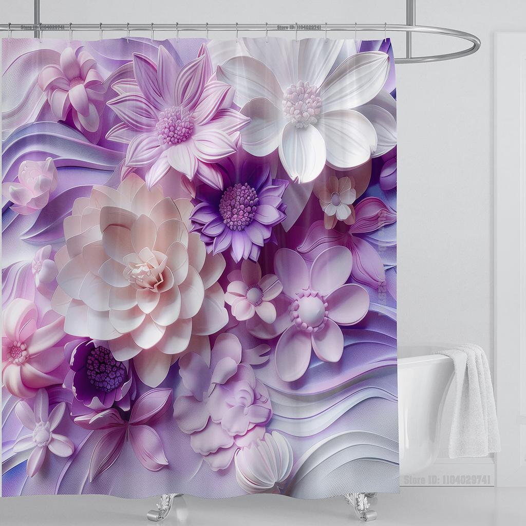 3D Red Floral Shower Curtain Set Pink Flower Design Fabric Bathroom Decor Waterproof Washable Shower Curtain Set with Hooks