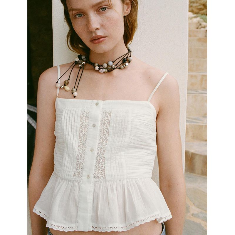 Summer New Product Women's Clothes American Sweet Single-Breasted Embroider Ruched Straight Collar Sling Tops 7521011