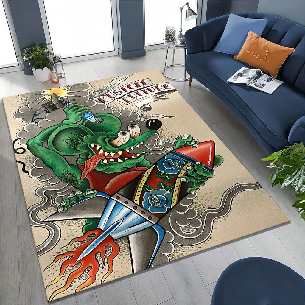 3D Rebellious RAT FINK Auto's Bord Cartoon Vloerkleed voor Slaapkamer Woonkamer Bank Huis Deurmat Decoratie, Groot Kinder Speel Antislip Vloermat