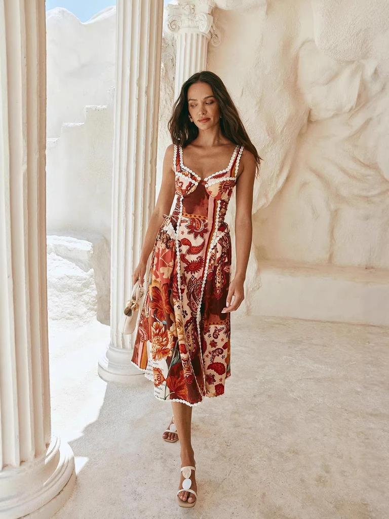 2026 Fashionable Spaghetti Strap Lace Linen Patchwork Dress