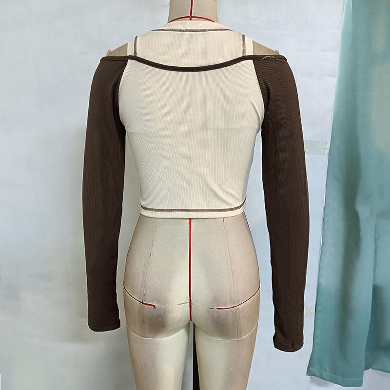 Frühlings- und Herbst-Damenbluse mit Rundhalsausschnitt, Buchstabenaufdruck, schulterfrei, lange Ärmel