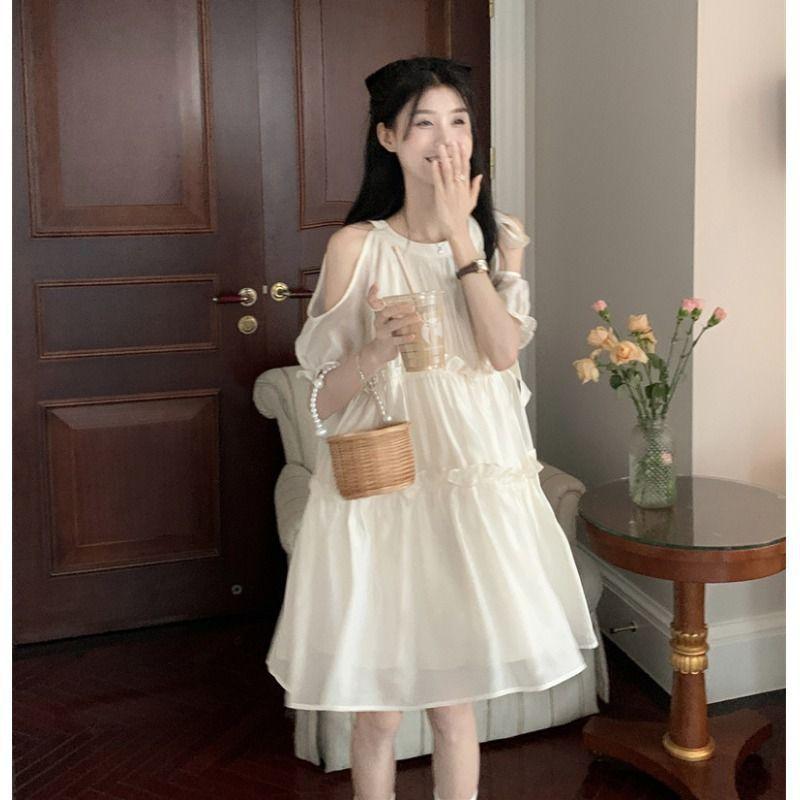 Pure Desire Wind Open Shoulder Straps Crew Neck Dress Women's New Summer Gentle Temperament Sweet First Love Skirt