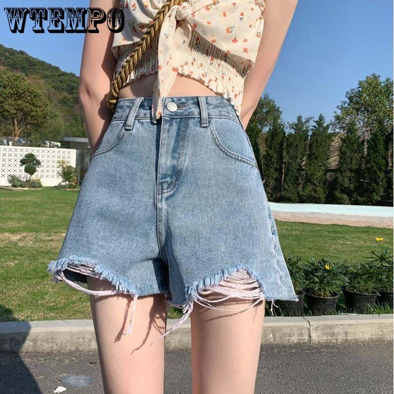 WTEMPO Denim Shorts Summer Women's High Waist Breathable Wide Leg Pants Hairy Edge Hole Slimming Shorts
