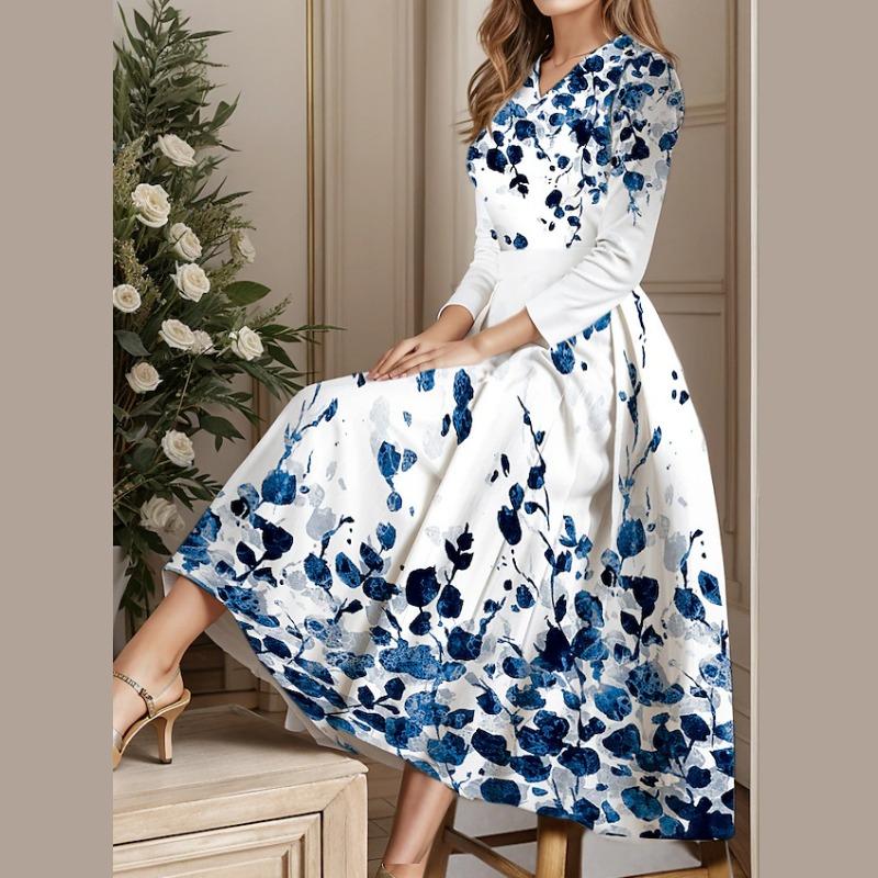 

GMXIA Женское повседневное платье с цветочным принтом, V-образным вырезом, рукавом 9/10 и большим подолом XXXXXL синий