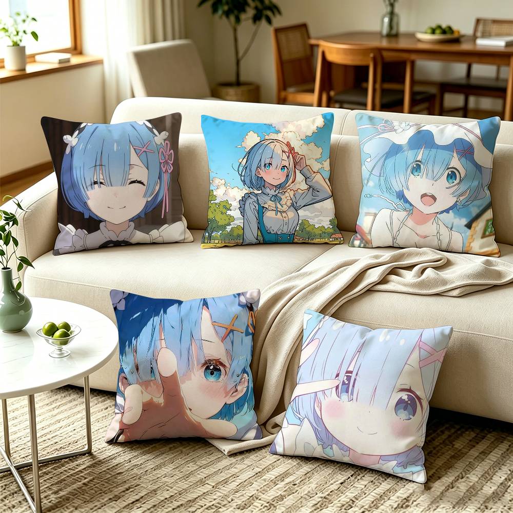 RReZERO Rem Blue Hair Oni Girl Square DoubleSided printed Pillow Case Bedroom Bedside Pillow Sofa Cushion Cover