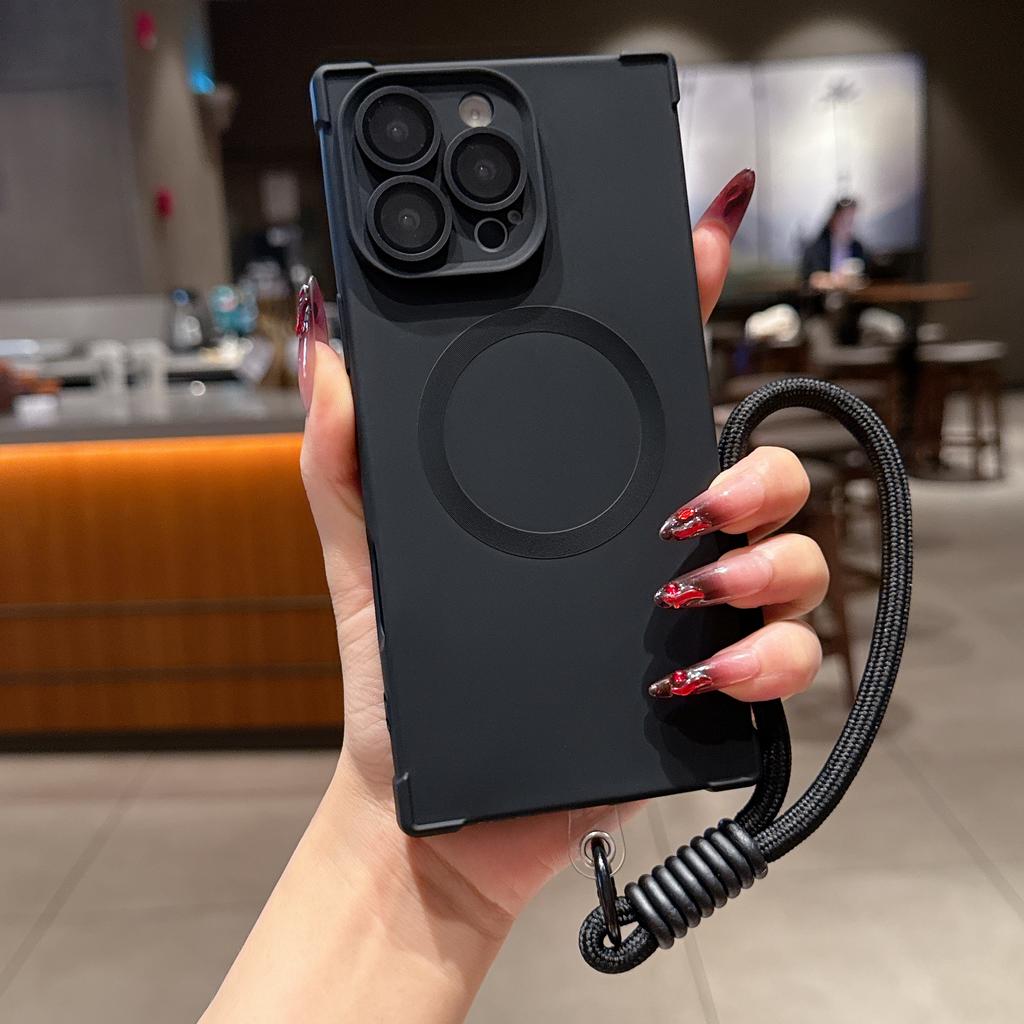 Matte Soft Silicone Square Shockproof Case for iPhone 16 15 14 Plus 13 Pro Max Magnetic Wireless Charge Lanyard Rope Strap Cover