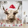 Highland Cattle Cow Bull Christmas Shower Curtain with Birds & Snowy Xmas Balls, Farmhouse Bathroom Decor Set for Holiday Style