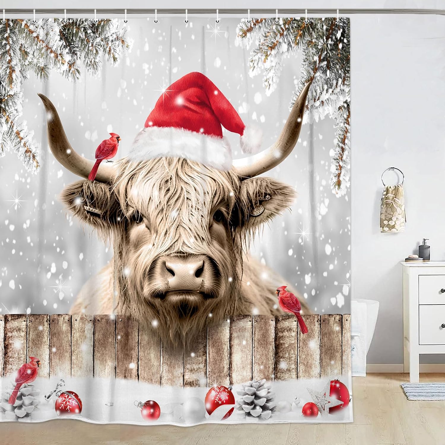 

Highland Cattle Cow Bull Christmas Shower Curtain With Birds & Snowy Xmas Balls, Farmhouse Bathroom Decor Set For Holiday Style W60H190(CM)-1 Pcs