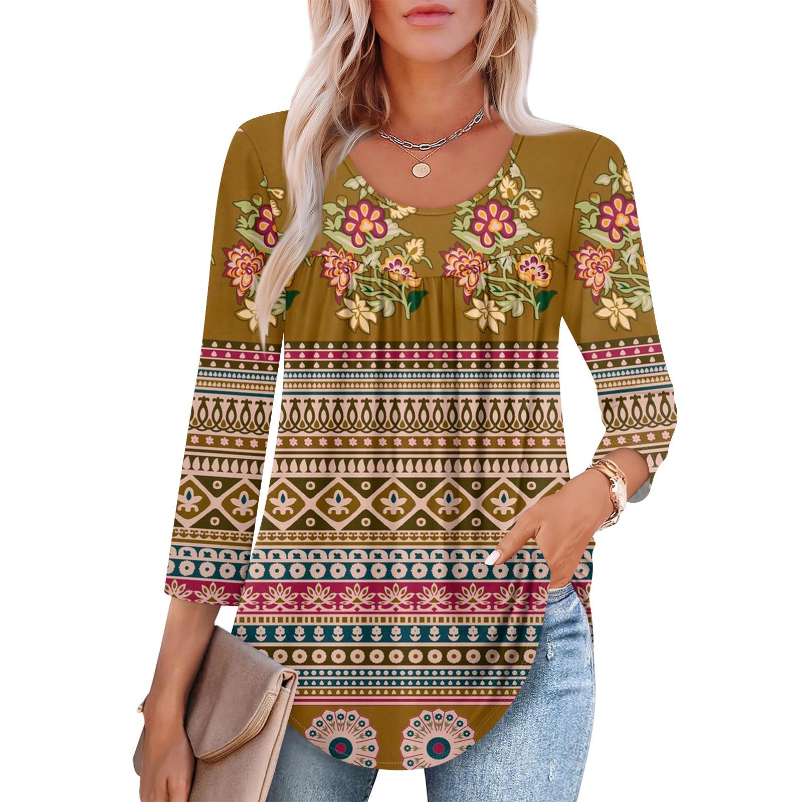 

Женский модный топ с рукавом семь восьмых, круглым вырезом, плиссированный, повседневный, с принтом XL