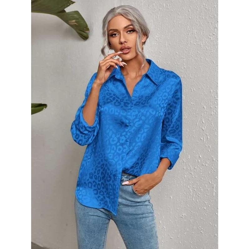 

YYFS Женская мода Повседневная Лето Весна Леопардовый принт Длинные рукава POLO-Neck Блузки и рубашки L синий