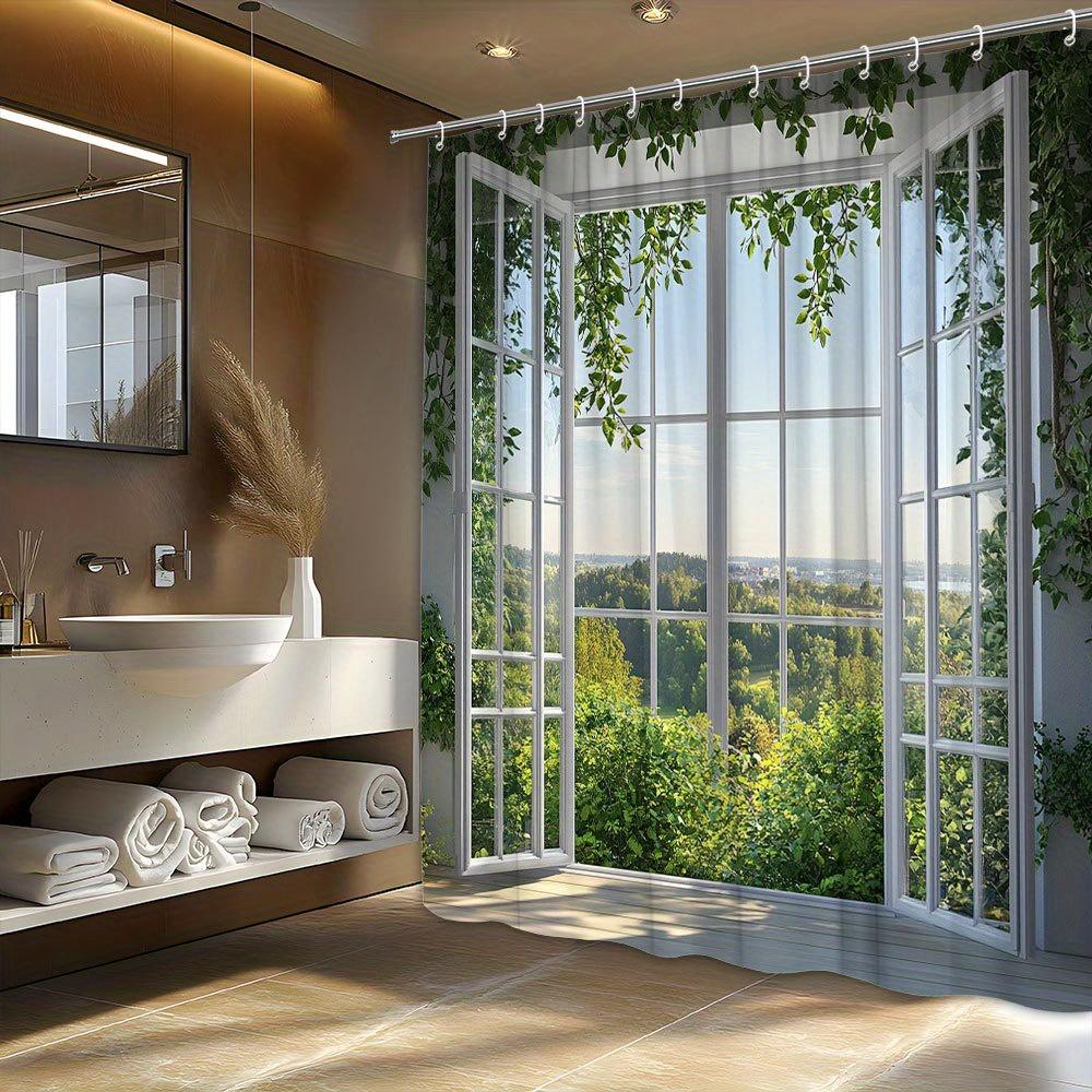 Tranquil Sunny Shower Curtain With Lush Forest View Includes 12 Hooks, Machine Washable Bathroom Decorative Shower Curtain