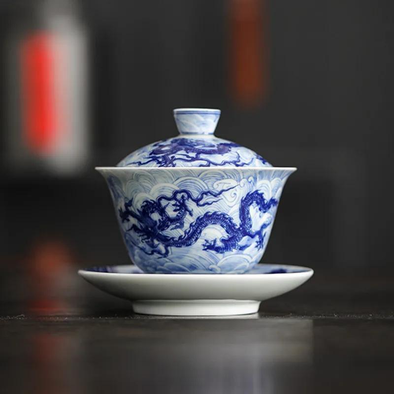 

Miyayan Style Ceramic Gaiwan Teacup Handmade Chinese Dragon Pattern Tea Tureen Bowl Retro Porcelain Teaware Accessories 150ml