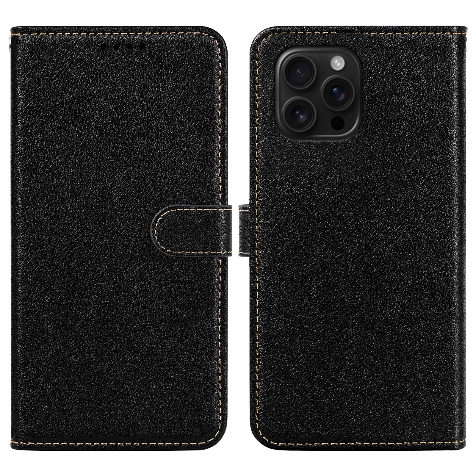 

Кожаный чехол для iPhone 16 Pro Max с текстурой личи, кошелек, чехол для телефона с RFID-блокировкой Black