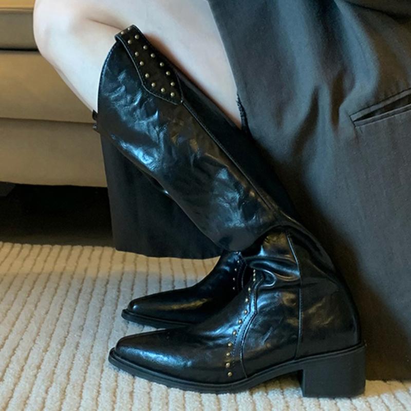 

Модные высокие сапоги Женская модная обувь на каблуке для платья Остроносые сапоги до колена Женские сапоги 2025 Зима Новый дизайнер Западные ботильоны Женские 40 чёрный