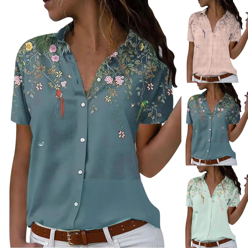 Women's Casual Fashion Floral Print Top Short Sleeved Loose Button Shirt