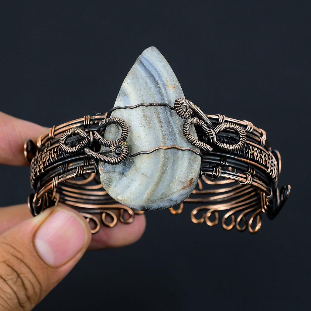 Desert Rose Druzy Pure Copper Wire Wrapped Handmade Jewelry Bangle Bracelet Adjustable For Her