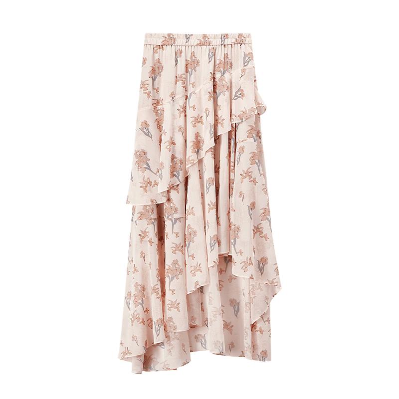 Xiangying Women s Floral Ruffle High-Waist Skirt S