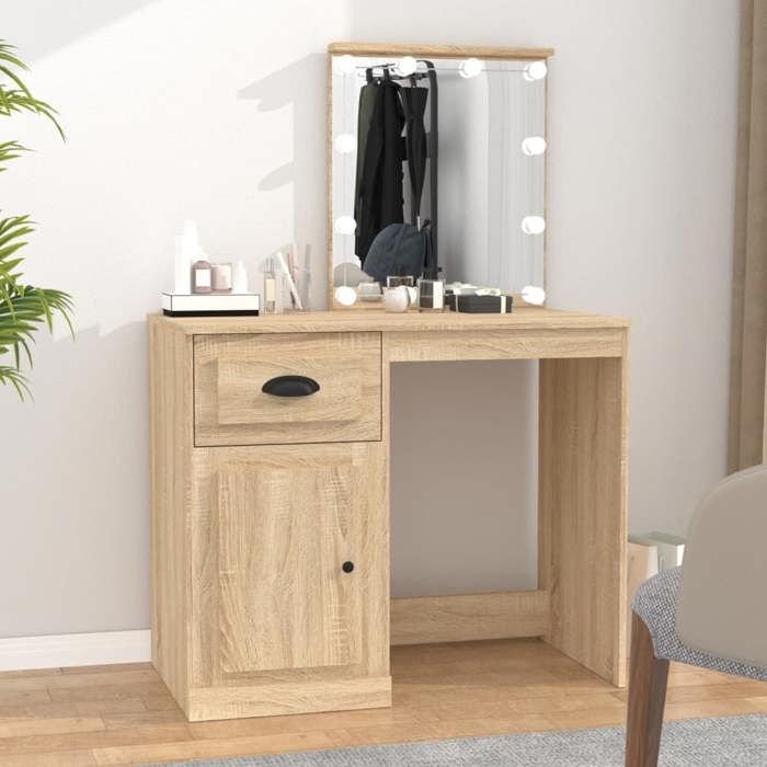 VidaXL Coiffeuse avec LED, Table de Maquillage avec Rangement, Table Cosmétique, Meuble de Chambre à Coucher, Moderne, Chêne 816771
