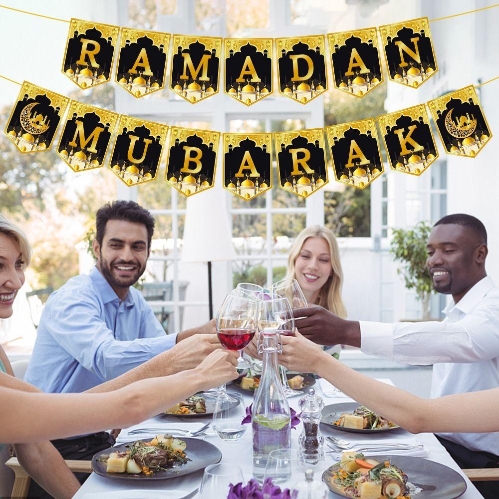 Paper Eid Mubarak Banner Letter Ramadan Flag New Moon Star Hanging Swirl  Islamic Muslim Party