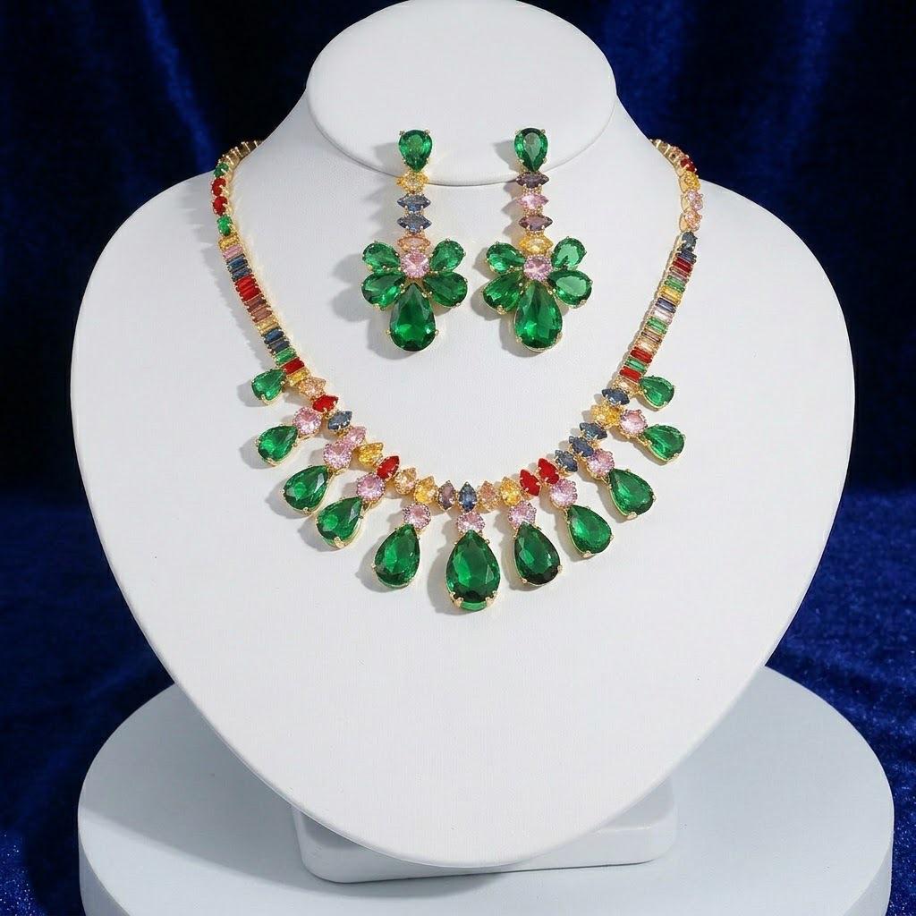 European & American Style Zircon Emerald Necklace & Earrings Set: Plum Blossom Design for a Fashionable, Elegant Look.