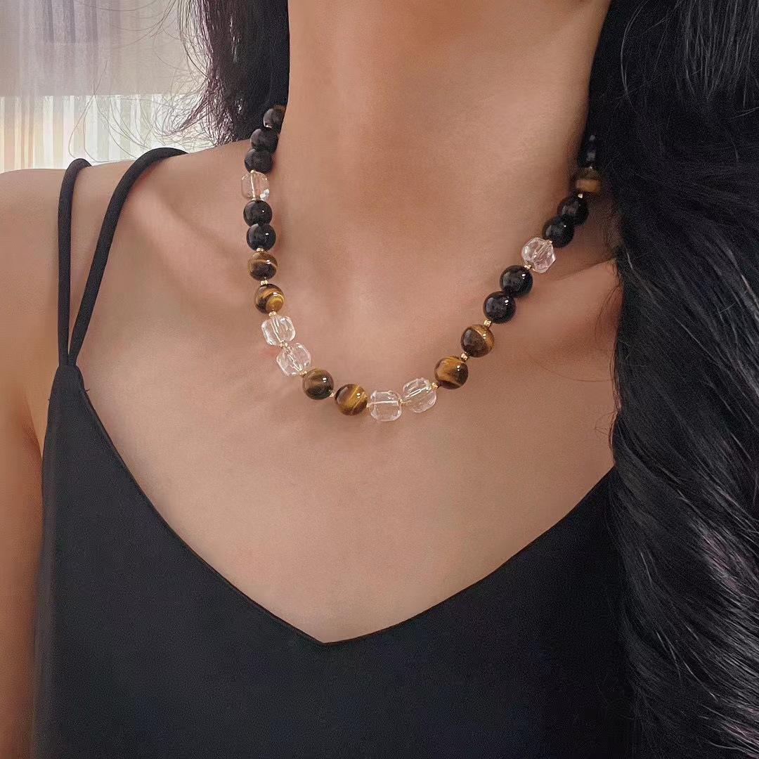 

National Style Maillard Style Natural Tiger S Eye Stone Necklace Female Natural Sugar Cube White Crystal Retro Sweater Chain