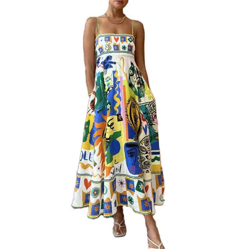 Frühling 2026 Europäisches & Amerikanisches Damenkleid mit Graffiti-Print - Sexy Spaghettiträger, Ärmellos, Großes Saumdesign