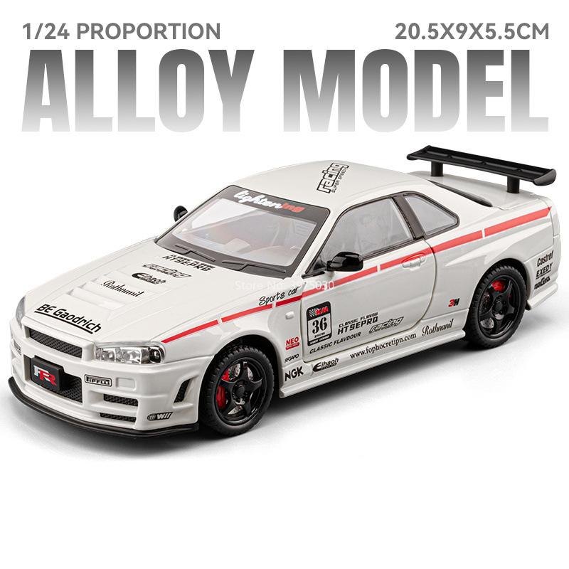 1:24 Legierung GTR SKYLINE GTR-R34 Spielzeugautos Modelle Türen Geöffnet Miniaturfahrzeuge Rückziehmotor Supercars Kindertagsgeschenke