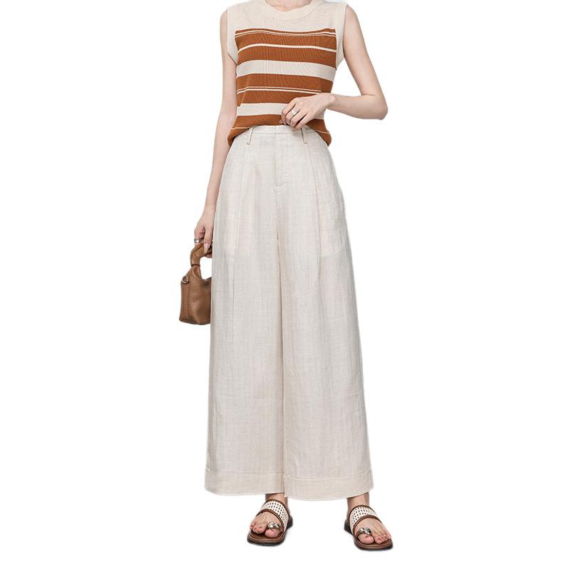 Tencel Linen Cropped Pants for Women, Summer Thin Petite Wide-leg Pants, Loose Old Money Style Cool Herringbone Casual Pants