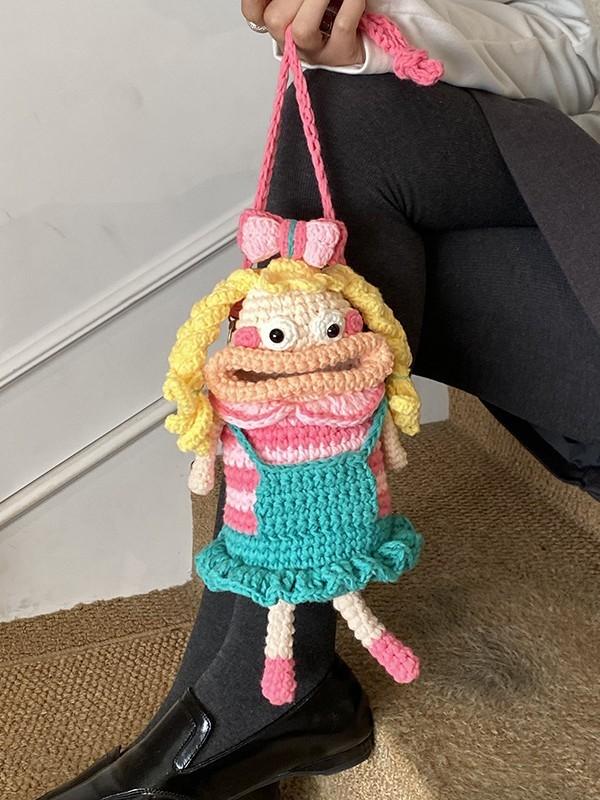 Cartoon Plush Woolen Phone Bag For Women With Knit Design And Shoulder Strap