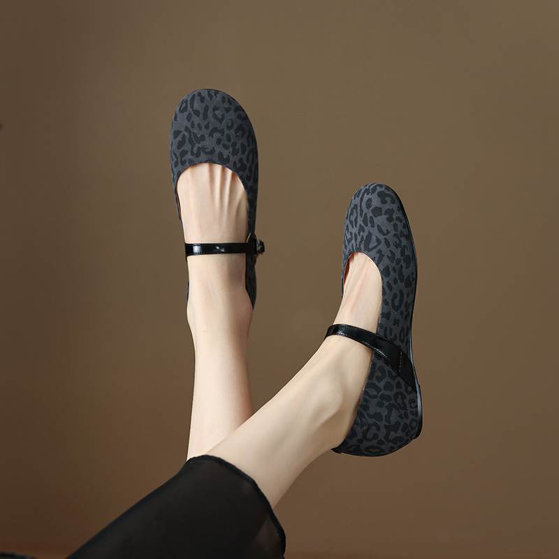 Krazing Pot Piele intoarsa Varf Rotund Marimea 42 Tocuri Joase Curele cu Catarama Imprimeuri Leopard Pompă de Toamnă Vintage cu Platformă