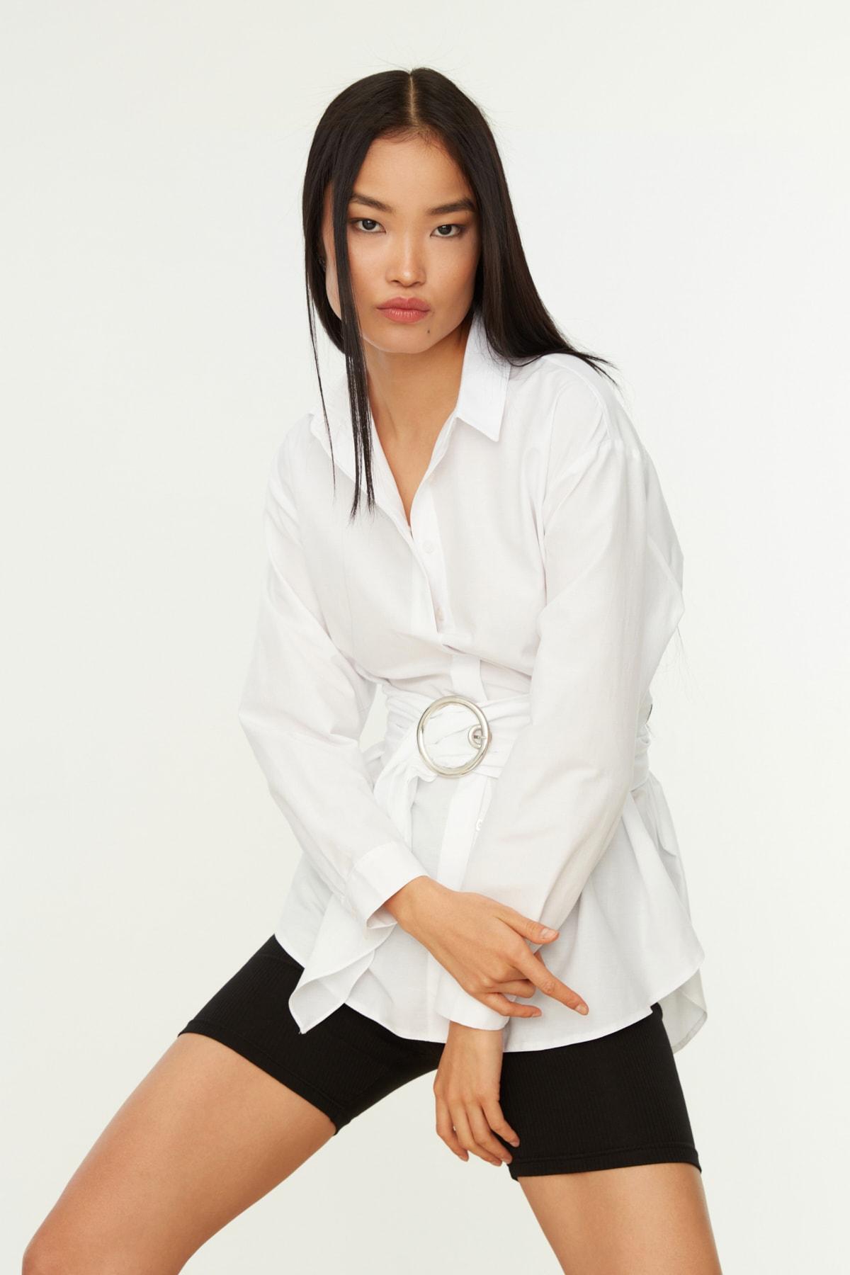 

Women s Fashion New Shirt White Belt Buckle Detailed Cotton Woven Shirt XS білий
