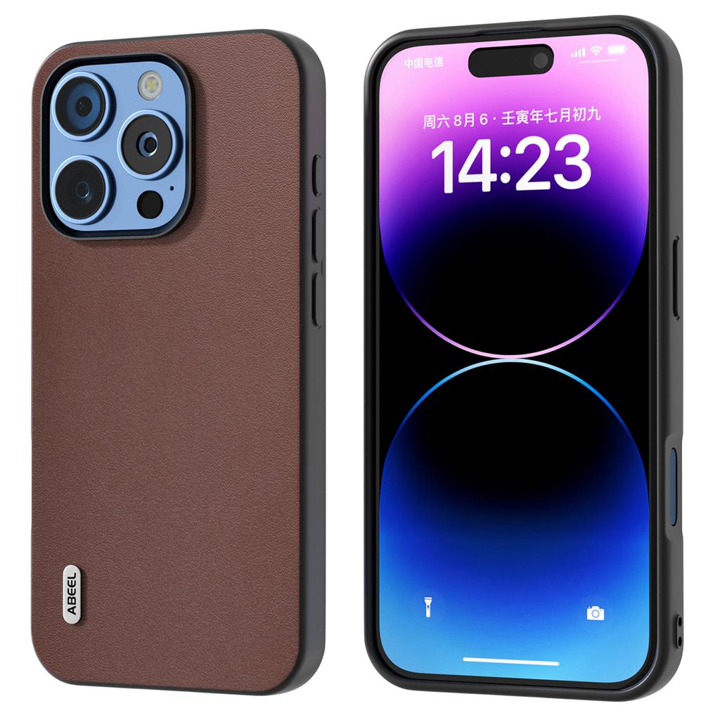 ABEEL For iPhone 16 Pro Max Case Genuine Cow Leather+PC+TPU Protective Phone Cover