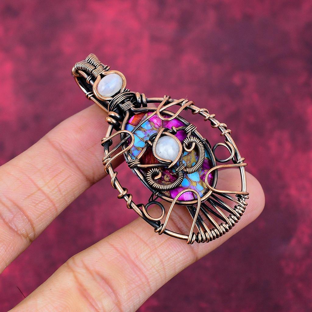 Evil Eye Natural Kingman Pink Dahlia Turquoise Pendant Copper Wire Wrap Jewelry
