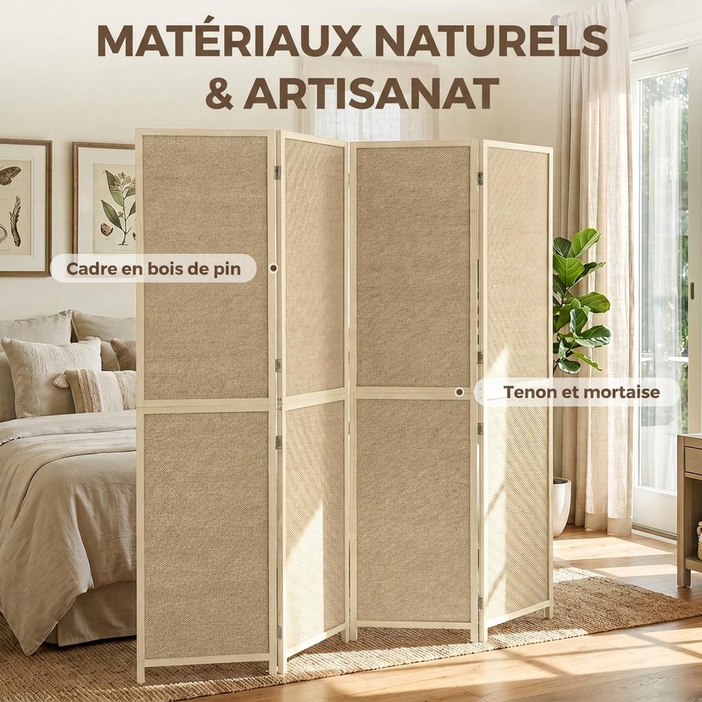 Interior Bamboo Room Divider 4 Panels 180x180cm, Foldable and Portable Room Separator, Boho Style, Natural Wood