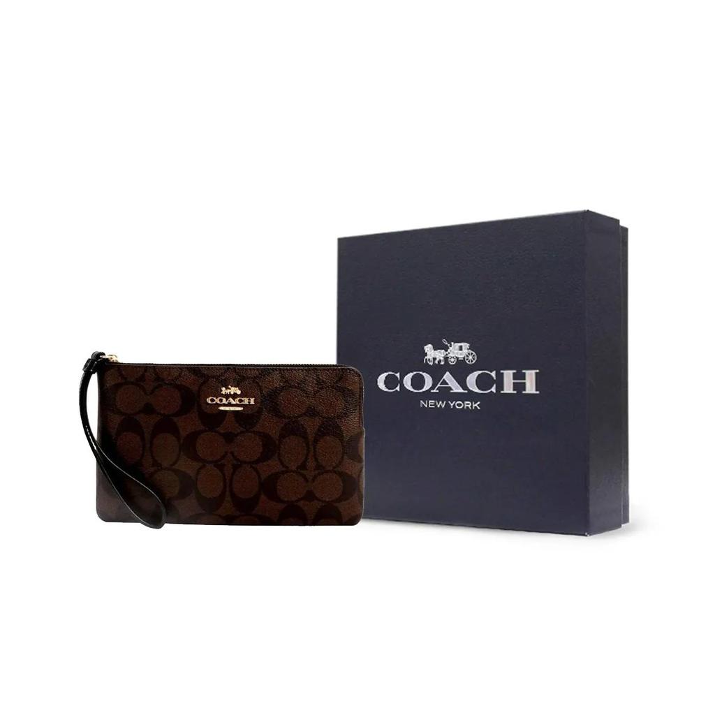 COACH Corner Zip Canvas Leather Pochette Clutch Small Women's Black Brown (Unisex) Clutches 6648 IMAA8