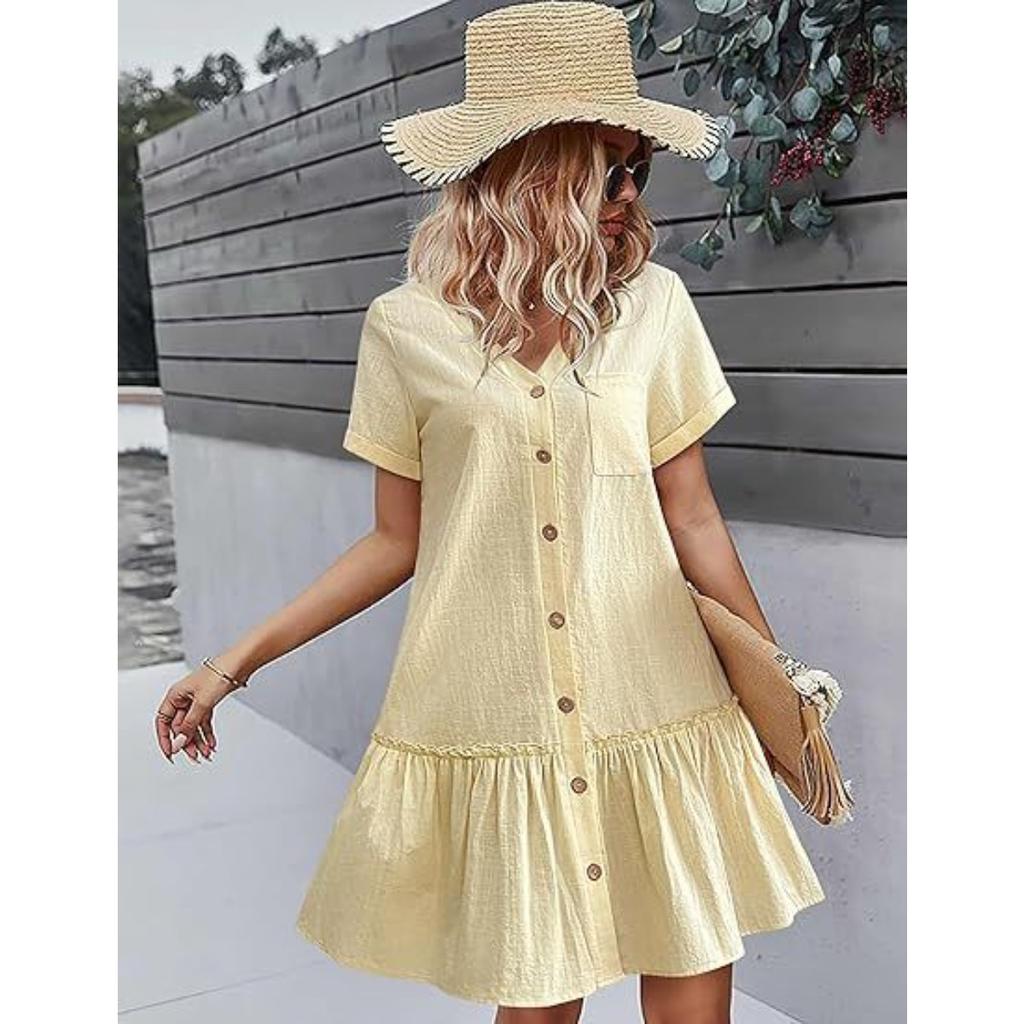 Summer Women's Short Sleeve Dress, Single Breasted Loose A-line Dress with Pockets Ruffle Hem Casual Dress