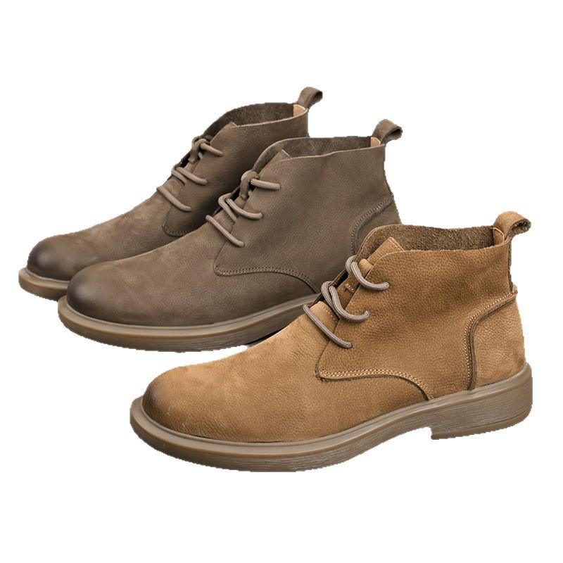 Autumn Men's Wide-Toe Casual Leather Martin Boots - Retro Lace-Up Mid-Top Cotton Shoes