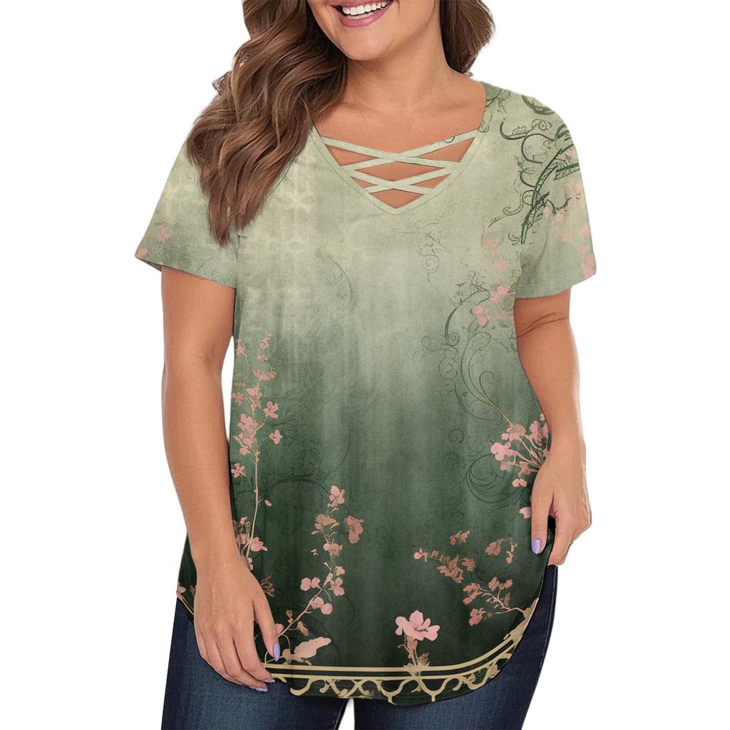 Women's Fashion Casual Printed V-Neck Short Sleeve Large Size T-Shirt Top
