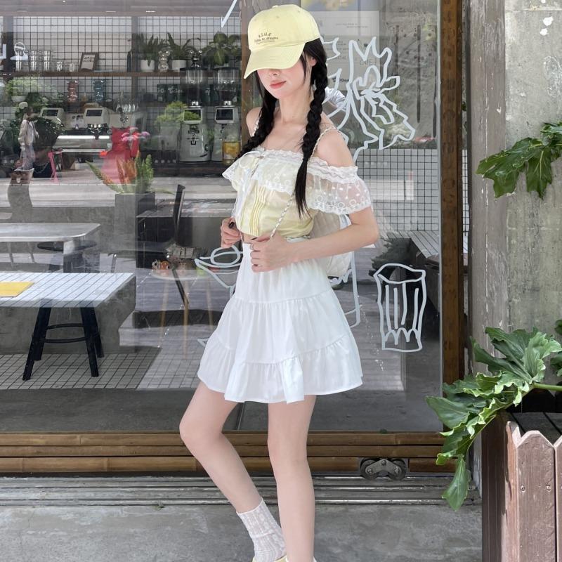 Blue High-waisted Skirt Women's Character Anti-light Spring and Summer Academy Style Simple Pleated Casual Cake Short Skirt