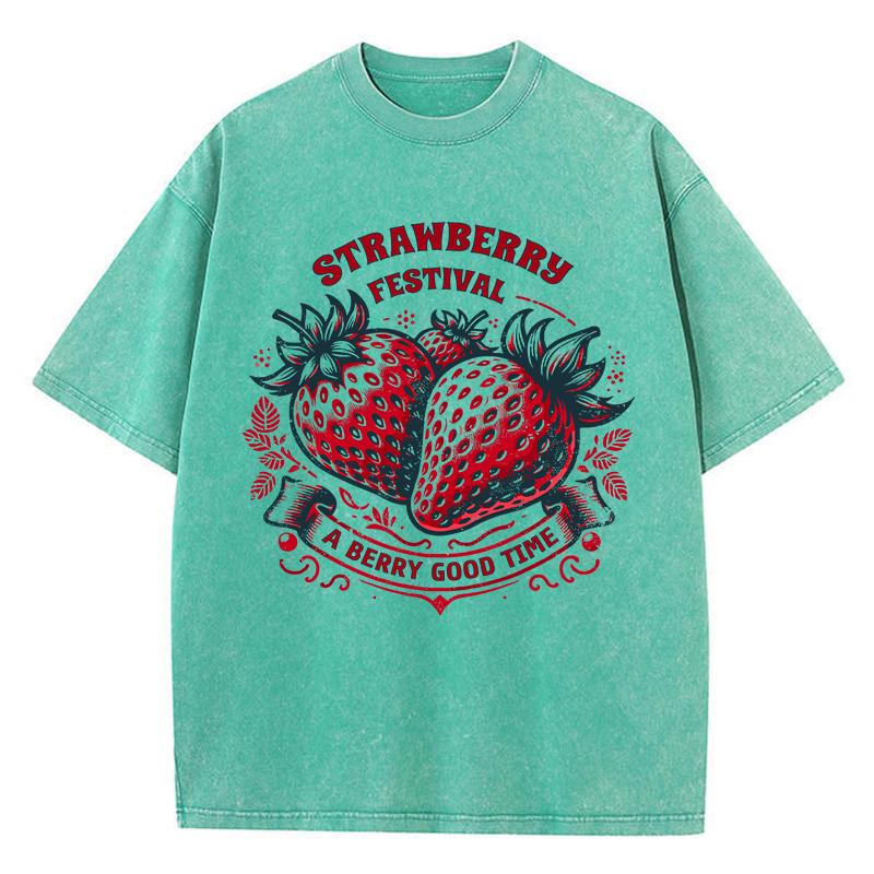 Strawberry Estival A Berry Good Time Prints Washed TShirt Women Cotton Tops Street Comfortable ONeck T Shirt Summer Clothes
