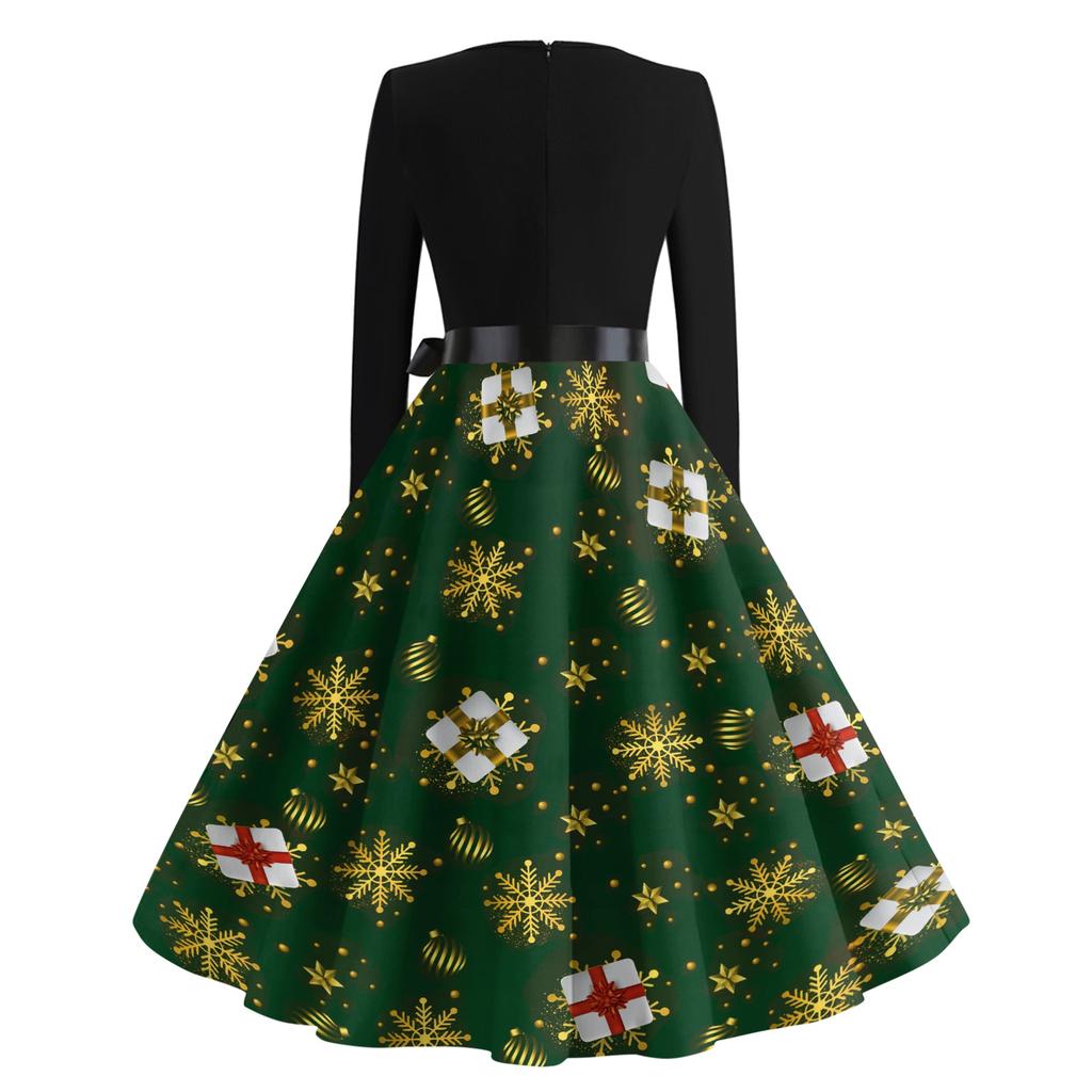 Kvinners avslappet mote langermet julegrafisk trykt vintage lange kjoler