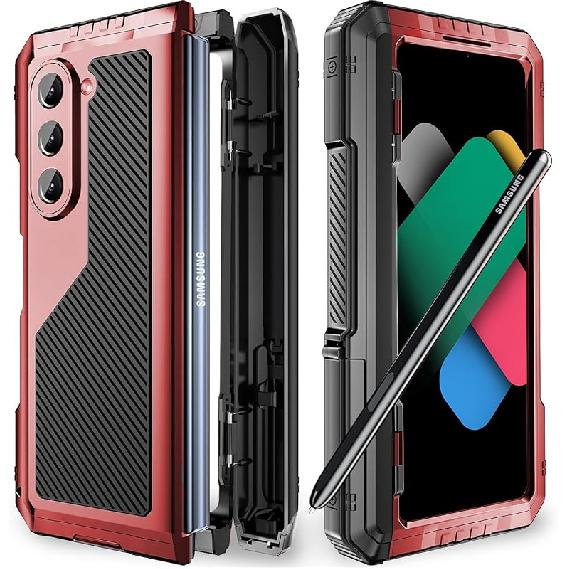 

Samsung Z Fold 6 Metal Case with Magnetic Hinge Protection S Pen Holder Screen Protector Camera Protector Military Rugged Heavy Duty Shockproof Case Z Fold 6 червоний