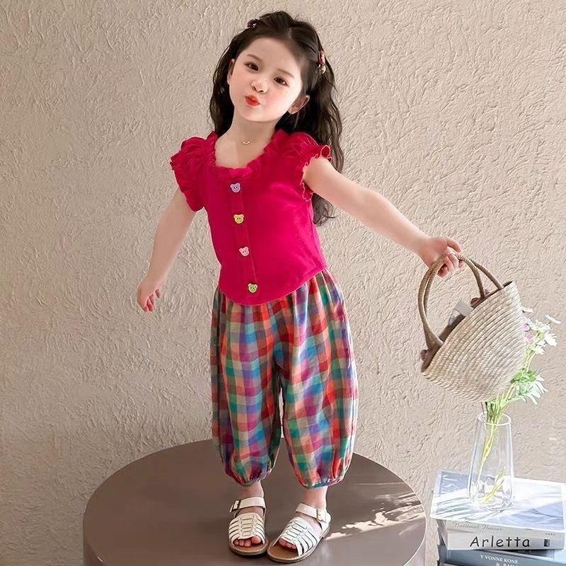 Girls Summer Short Sleeve Plaid Pants Two Piece Set Lightweight and Stylish