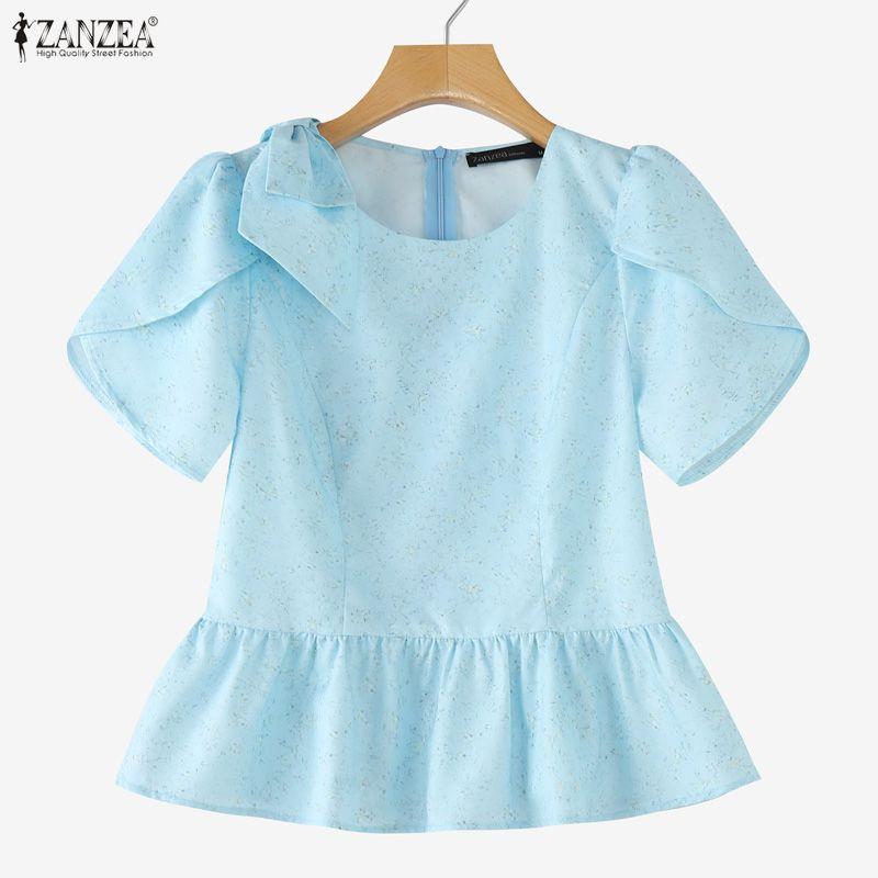 ZANZEA Dames Casual Ronde Hals Zomer Korte Mouw Print Blouse
