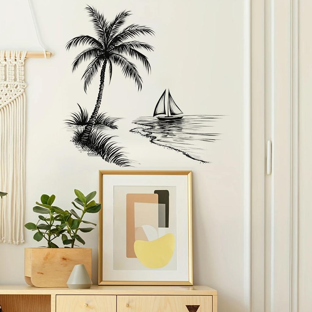 Minimalistische Schwarz-Weiß Kokospalme Segelboot Wandaufkleber, Innenwanddekorationsaufkleber
