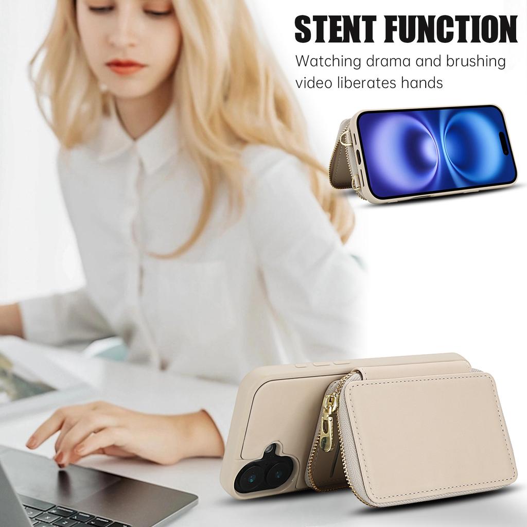 For iPhone 16 Plus Case RFID Blocking Zipper Wallet Leather + TPU Phone Cover with Shoulder Strap