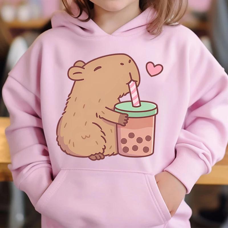 Cute Capybara Loves Bubble Tea Children's Hoodie Pink Autumn and Winter Girl's Top