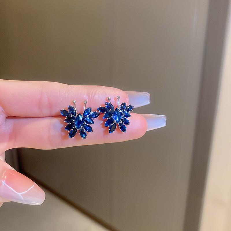 Korean Retro Haze Blue Diamond-encrusted Bow Flower Earrings Niche Temperament Stud Earrings Women