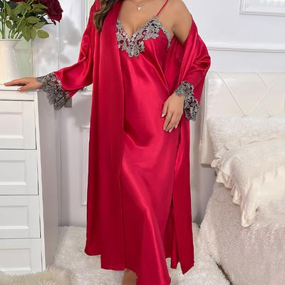 Vestaglia in Pizzo a Maniche Lunghe con Cintura Scollo a V Sottoveste Set Pigiami da Donna Sexy Eleganti