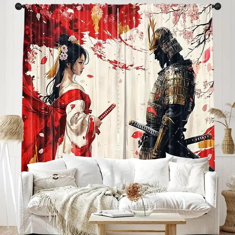 2pcs Japanese Samurai Geisha Printed Curtains, Designed for Light Filtering, Quality Material, Ideal for Japanese-Style Home Win